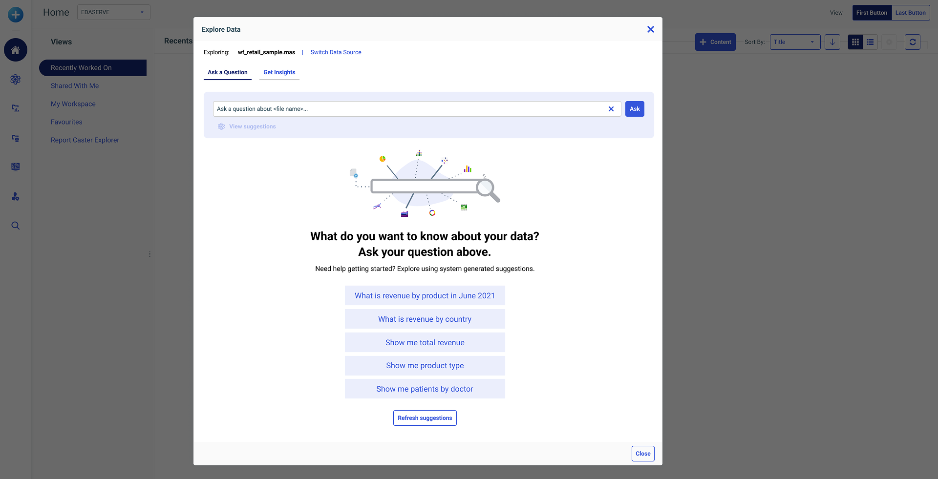 NLQ suggested questions — real, answerable prompts offered the moment you land